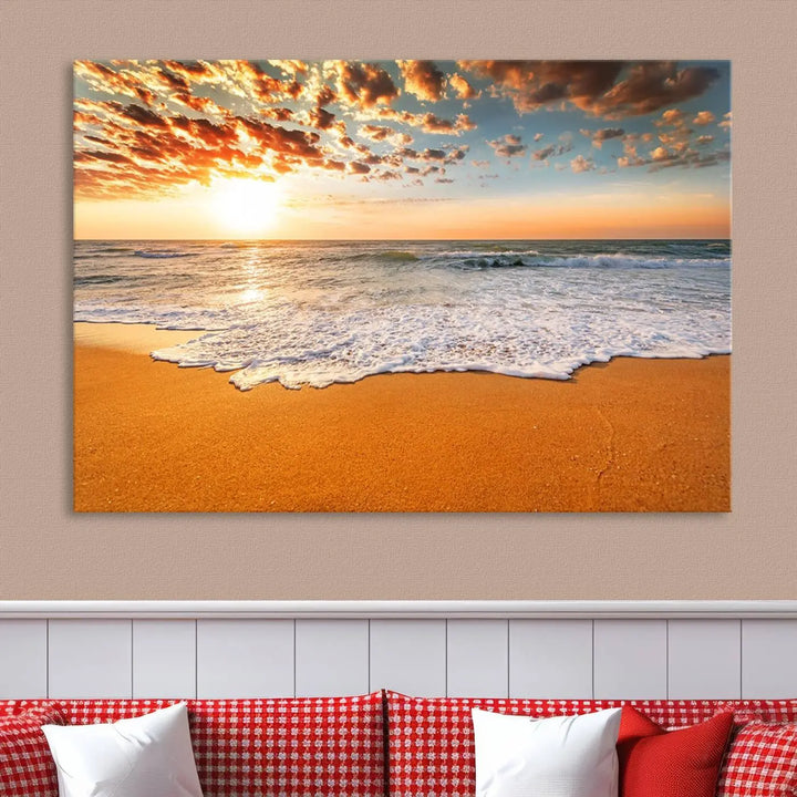 Golden Beach Sunset Canvas Art, Ocean Waves Wall Art, Giclee Canvas Print with Gallery Wrap for Coastal Home Decor