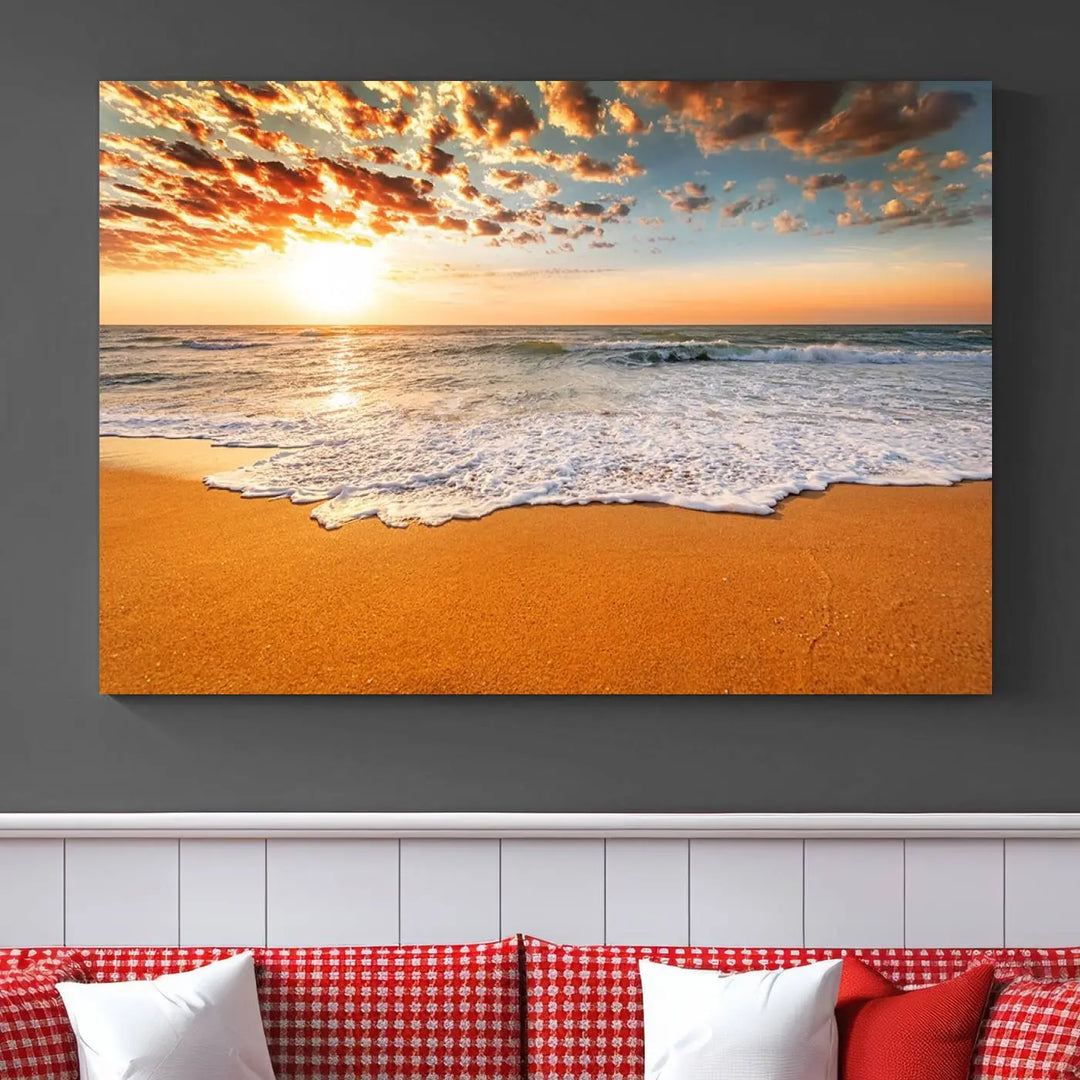 Golden Beach Sunset Canvas Art, Ocean Waves Wall Art, Giclee Canvas Print with Gallery Wrap for Coastal Home Decor