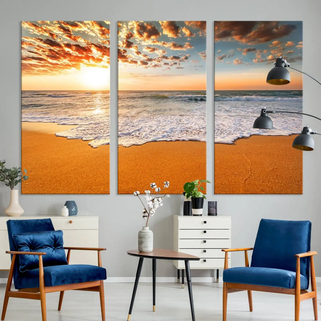 Golden Beach Sunset Canvas Art, Ocean Waves Wall Art, Giclee Canvas Print with Gallery Wrap for Coastal Home Decor