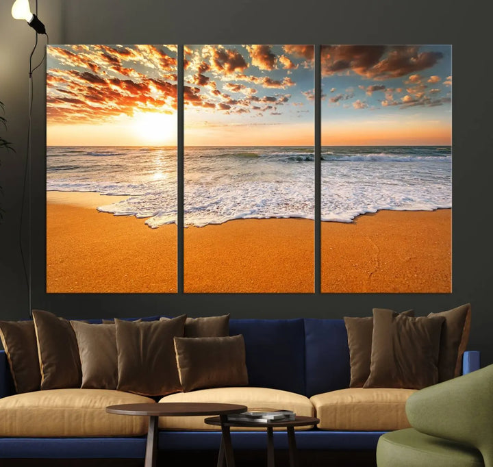 Golden Beach Sunset Canvas Art, Ocean Waves Wall Art, Giclee Canvas Print with Gallery Wrap for Coastal Home Decor