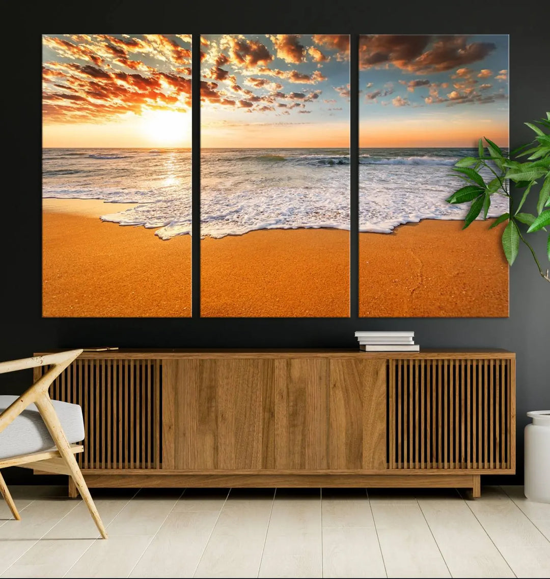 Golden Beach Sunset Canvas Art, Ocean Waves Wall Art, Giclee Canvas Print with Gallery Wrap for Coastal Home Decor