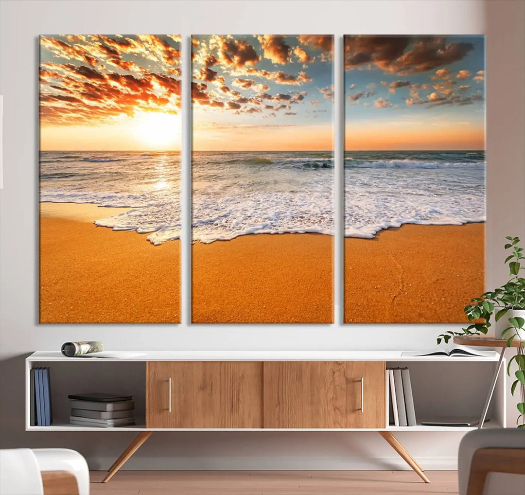 Golden Beach Sunset Canvas Art, Ocean Waves Wall Art, Giclee Canvas Print with Gallery Wrap for Coastal Home Decor