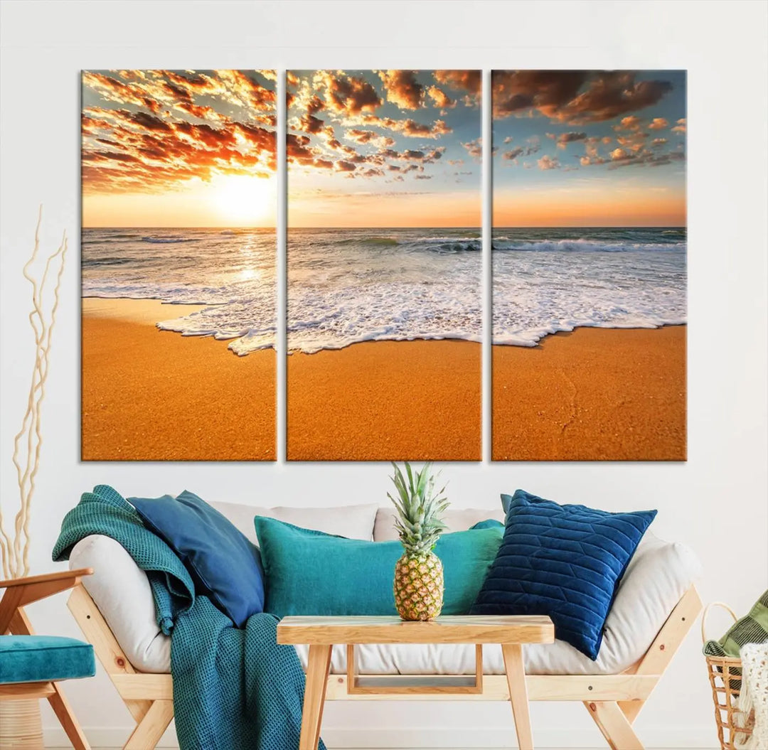 Golden Beach Sunset Canvas Art, Ocean Waves Wall Art, Giclee Canvas Print with Gallery Wrap for Coastal Home Decor