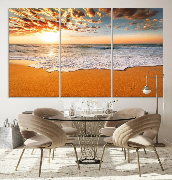 Golden Beach Sunset Canvas Art, Ocean Waves Wall Art, Giclee Canvas Print with Gallery Wrap for Coastal Home Decor