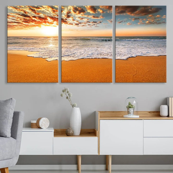 Golden Beach Sunset Canvas Art, Ocean Waves Wall Art, Giclee Canvas Print with Gallery Wrap for Coastal Home Decor