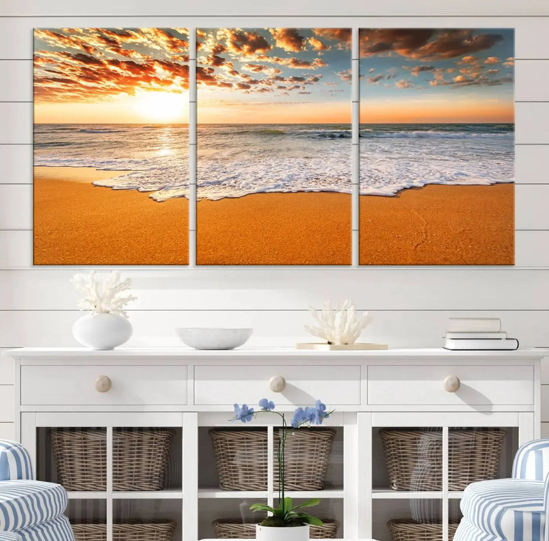 Golden Beach Sunset Canvas Art, Ocean Waves Wall Art, Giclee Canvas Print with Gallery Wrap for Coastal Home Decor