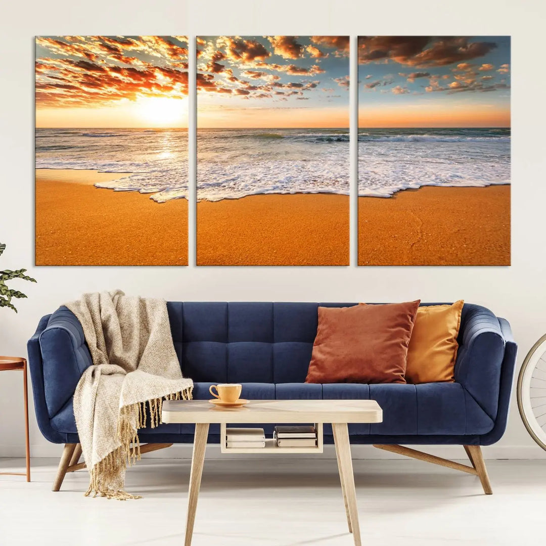 Golden Beach Sunset Canvas Art, Ocean Waves Wall Art, Giclee Canvas Print with Gallery Wrap for Coastal Home Decor