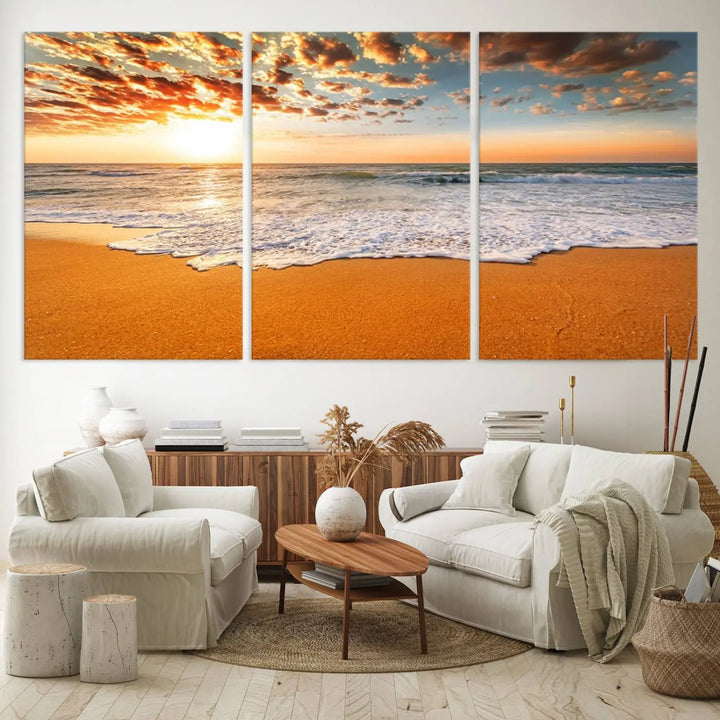 Golden Beach Sunset Canvas Art, Ocean Waves Wall Art, Giclee Canvas Print with Gallery Wrap for Coastal Home Decor