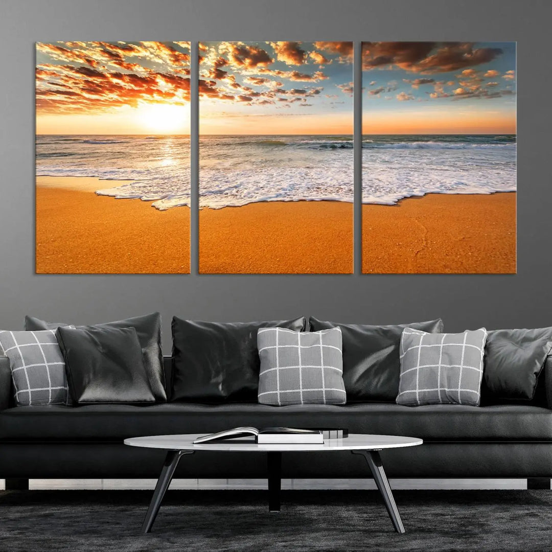 Golden Beach Sunset Canvas Art, Ocean Waves Wall Art, Giclee Canvas Print with Gallery Wrap for Coastal Home Decor