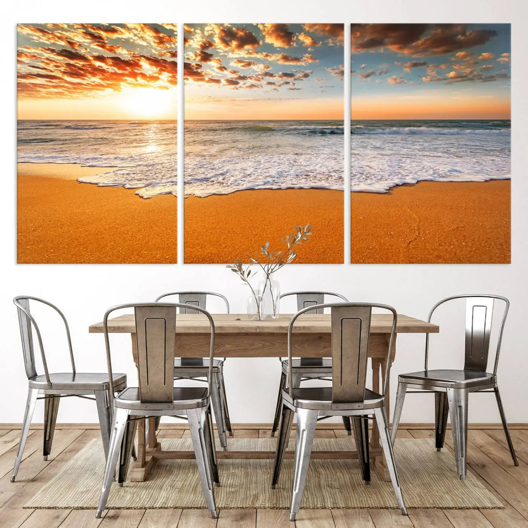 Golden Beach Sunset Canvas Art, Ocean Waves Wall Art, Giclee Canvas Print with Gallery Wrap for Coastal Home Decor