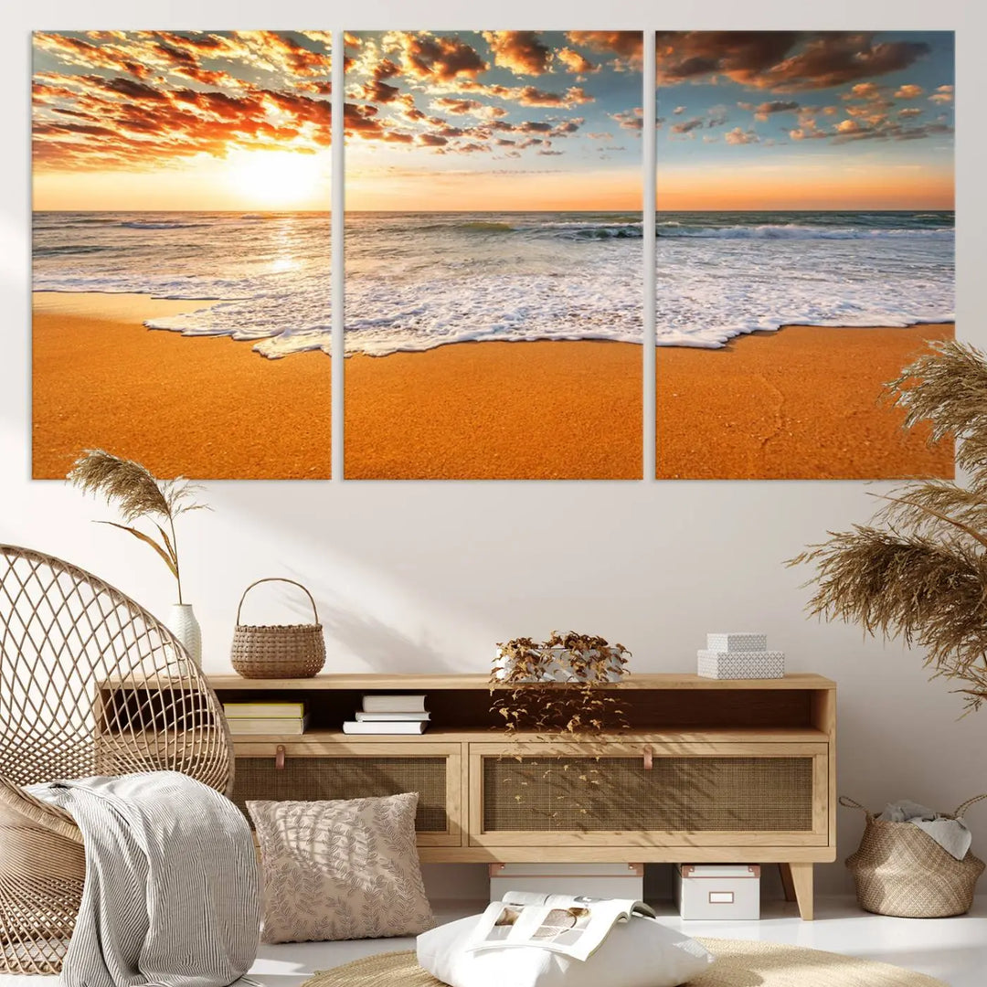 Golden Beach Sunset Canvas Art, Ocean Waves Wall Art, Giclee Canvas Print with Gallery Wrap for Coastal Home Decor