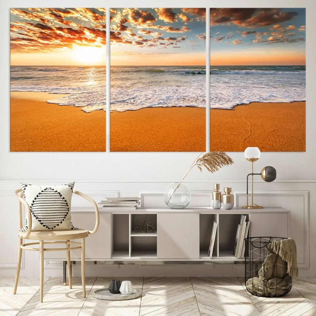 Golden Beach Sunset Canvas Art, Ocean Waves Wall Art, Giclee Canvas Print with Gallery Wrap for Coastal Home Decor