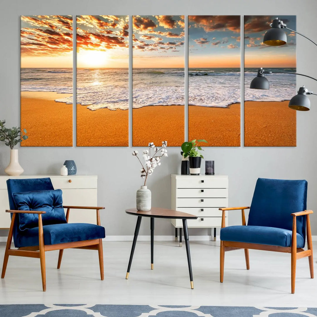 Golden Beach Sunset Canvas Art, Ocean Waves Wall Art, Giclee Canvas Print with Gallery Wrap for Coastal Home Decor