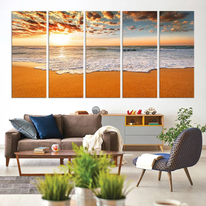 Golden Beach Sunset Canvas Art, Ocean Waves Wall Art, Giclee Canvas Print with Gallery Wrap for Coastal Home Decor