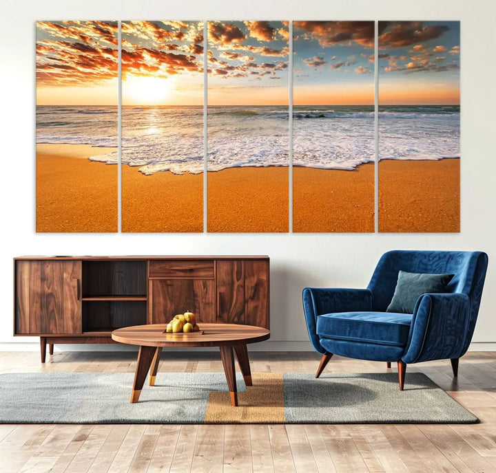 Golden Beach Sunset Canvas Art, Ocean Waves Wall Art, Giclee Canvas Print with Gallery Wrap for Coastal Home Decor