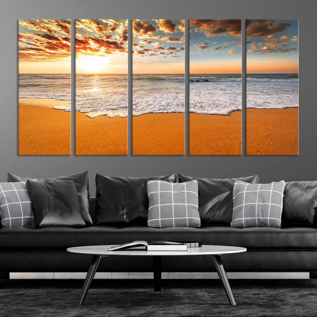 Golden Beach Sunset Canvas Art, Ocean Waves Wall Art, Giclee Canvas Print with Gallery Wrap for Coastal Home Decor