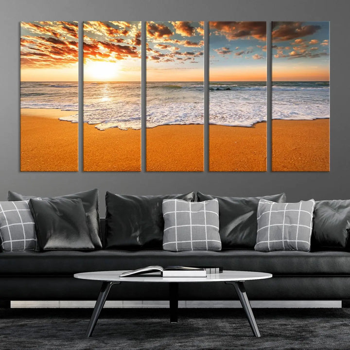 Golden Beach Sunset Canvas Art, Ocean Waves Wall Art, Giclee Canvas Print with Gallery Wrap for Coastal Home Decor