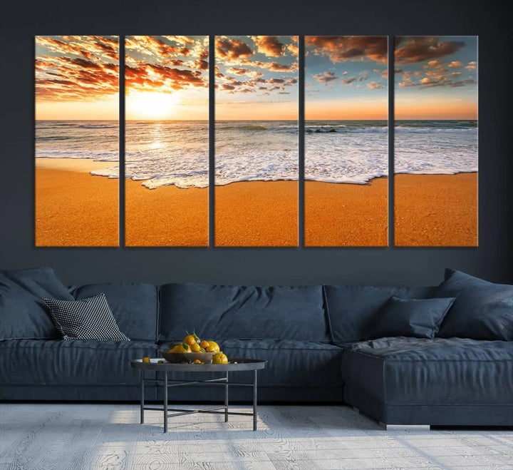 A Golden Beach Sunset Canvas Art, featuring an orange sky and fluffy clouds, perfectly captures the essence of ocean waves in coastal home decor.