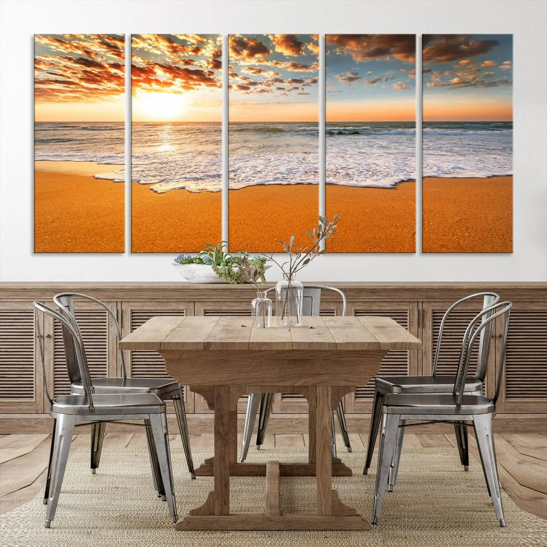 A Golden Beach Sunset Canvas Art, featuring an orange sky and fluffy clouds, perfectly captures the essence of ocean waves in coastal home decor.