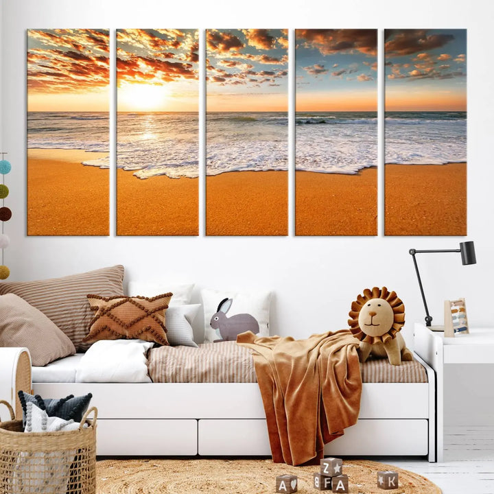 Golden Beach Sunset Canvas Art, Ocean Waves Wall Art, Giclee Canvas Print with Gallery Wrap for Coastal Home Decor