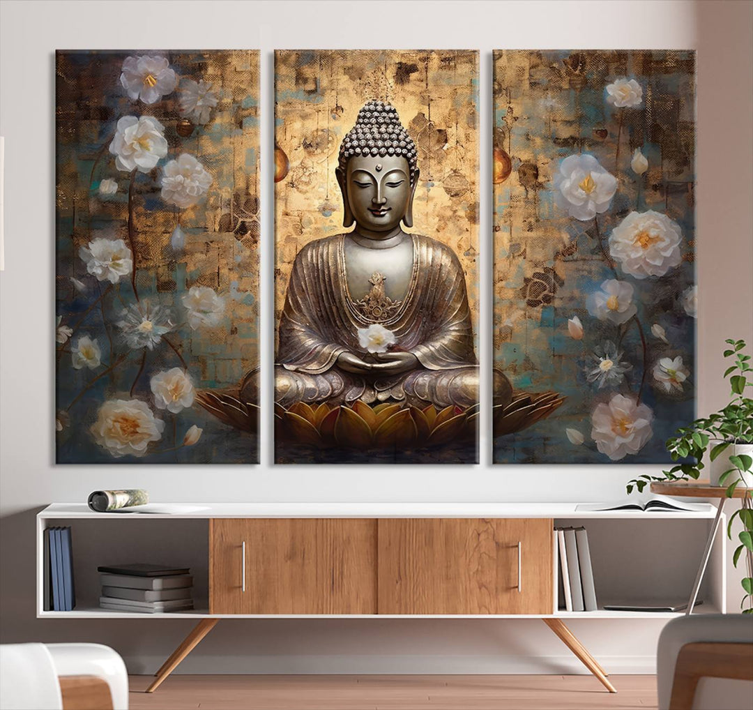 Golden Buddha Wall Art Canvas Print | Zen Meditation Floral Decor | Tranquil Spiritual Home Art | Ready to Hang