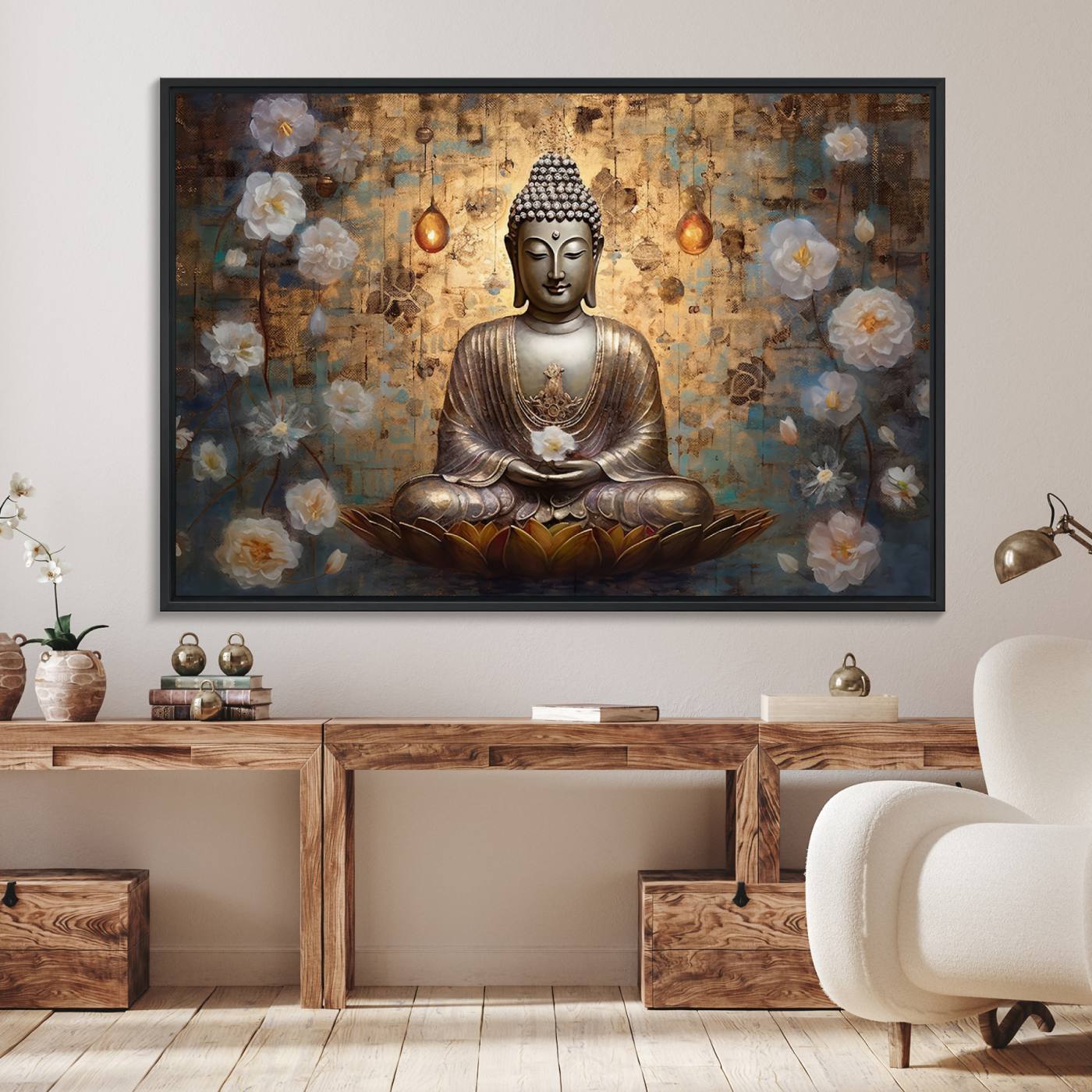59678-MGV-FC-36X24_Black-Golden Buddha Wall Art Canvas Print | Zen Meditation Floral Decor | Tranquil Spiritual Home Art | Ready to Hang