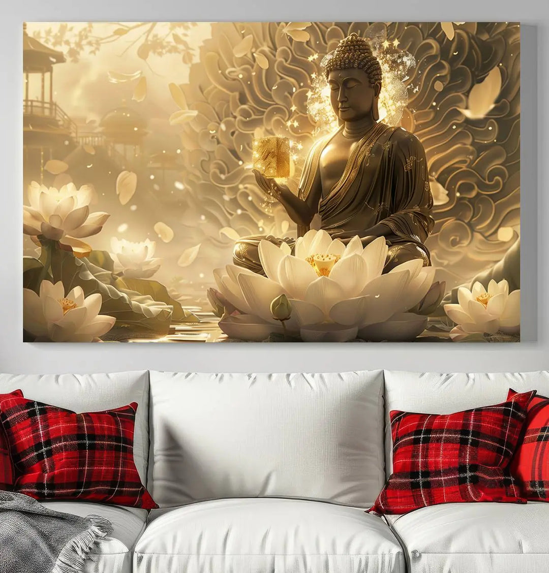 A framed Golden Buddha wall art, featuring the serene Yoga Room and Meditation Room Decor theme, exudes spiritual tranquility in a contemporary meditation room.