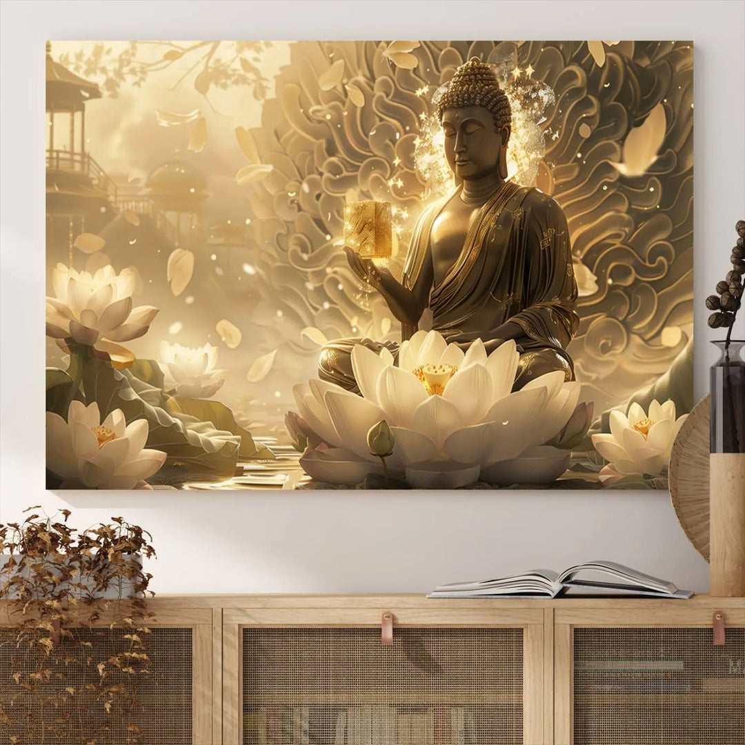 A framed Golden Buddha wall art, featuring the serene Yoga Room and Meditation Room Decor theme, exudes spiritual tranquility in a contemporary meditation room.