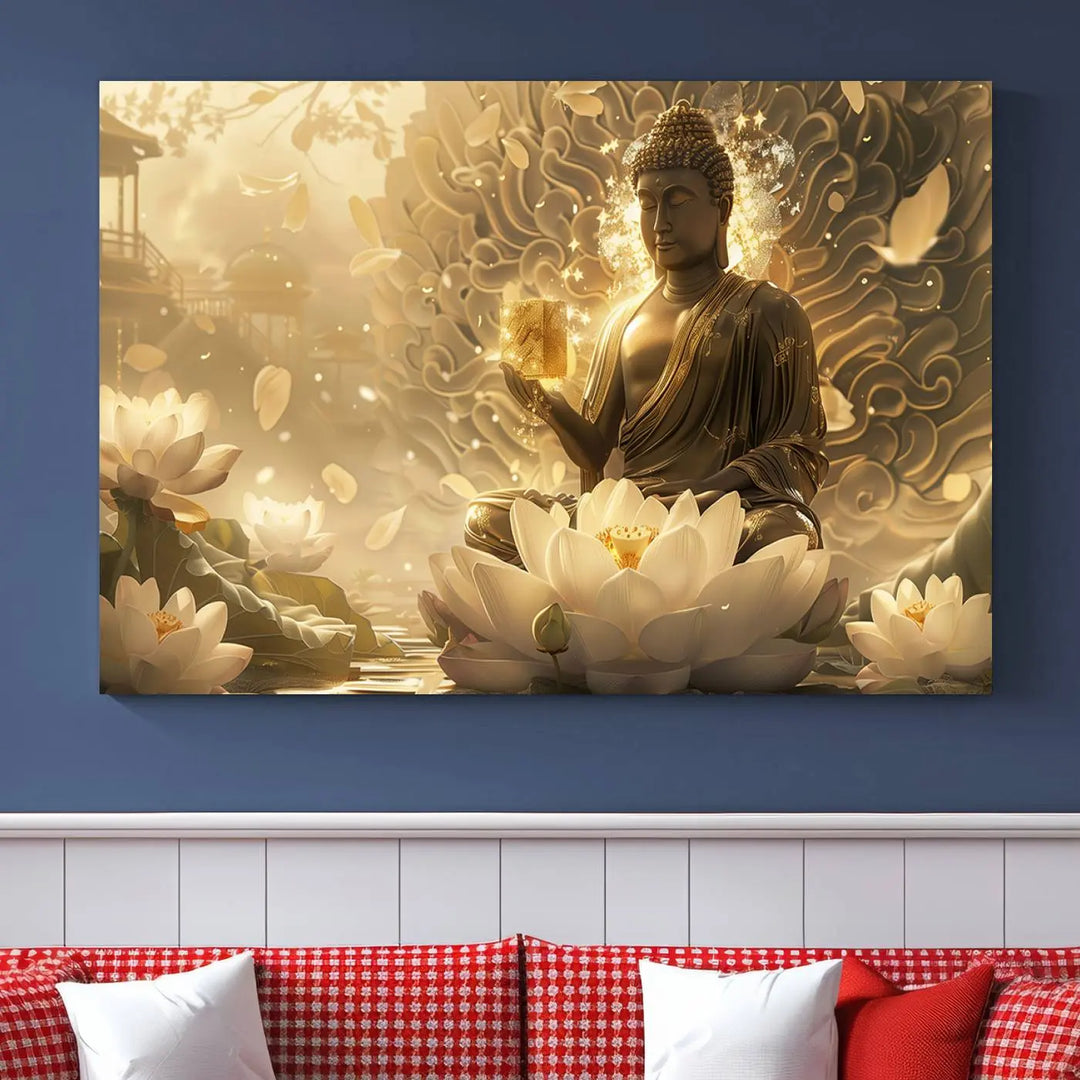 A framed Golden Buddha wall art, featuring the serene Yoga Room and Meditation Room Decor theme, exudes spiritual tranquility in a contemporary meditation room.