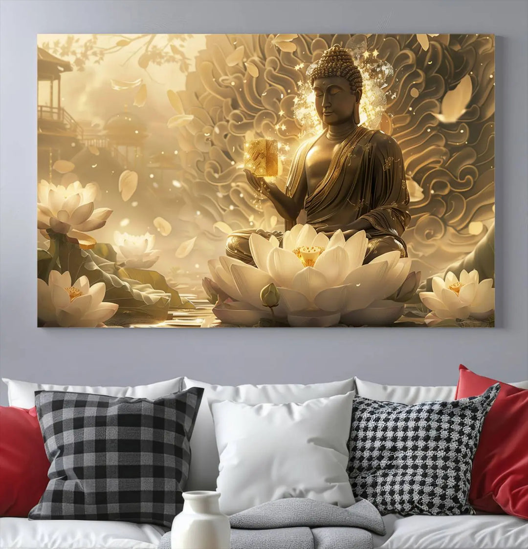 A framed Golden Buddha wall art, featuring the serene Yoga Room and Meditation Room Decor theme, exudes spiritual tranquility in a contemporary meditation room.