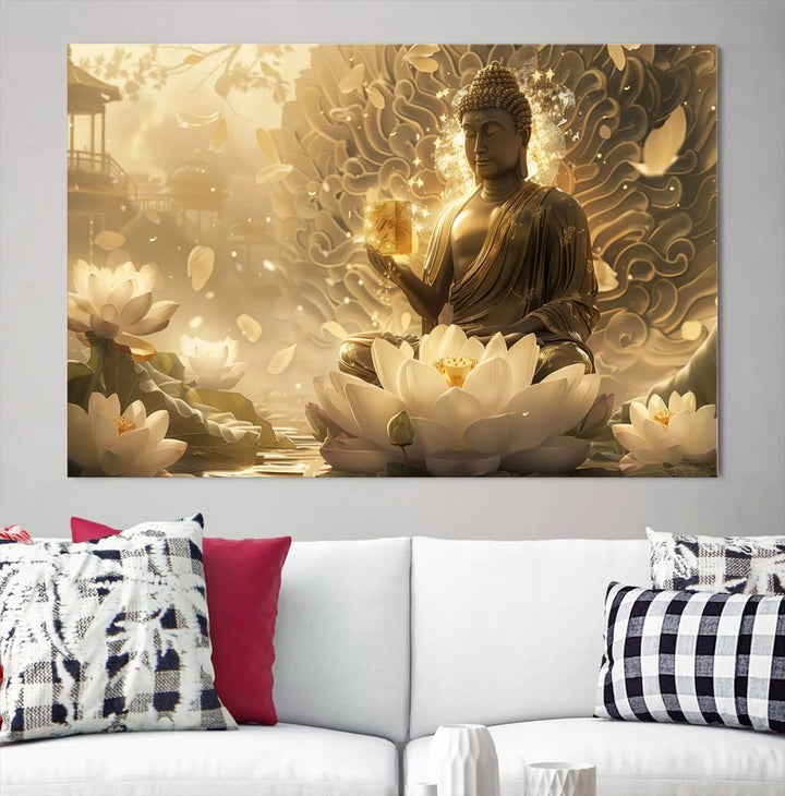 A framed Golden Buddha wall art, featuring the serene Yoga Room and Meditation Room Decor theme, exudes spiritual tranquility in a contemporary meditation room.