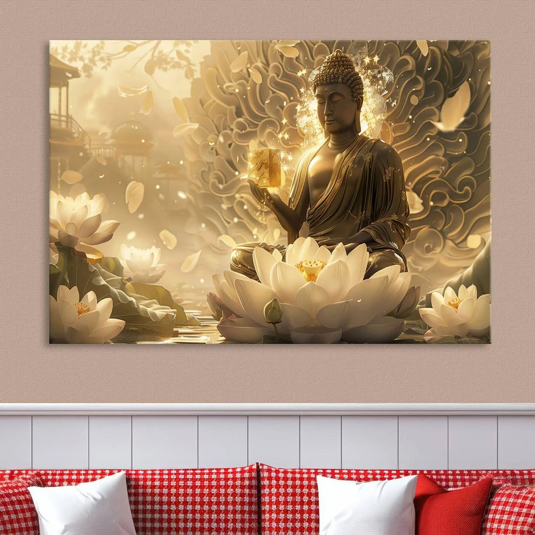 A framed Golden Buddha wall art, featuring the serene Yoga Room and Meditation Room Decor theme, exudes spiritual tranquility in a contemporary meditation room.