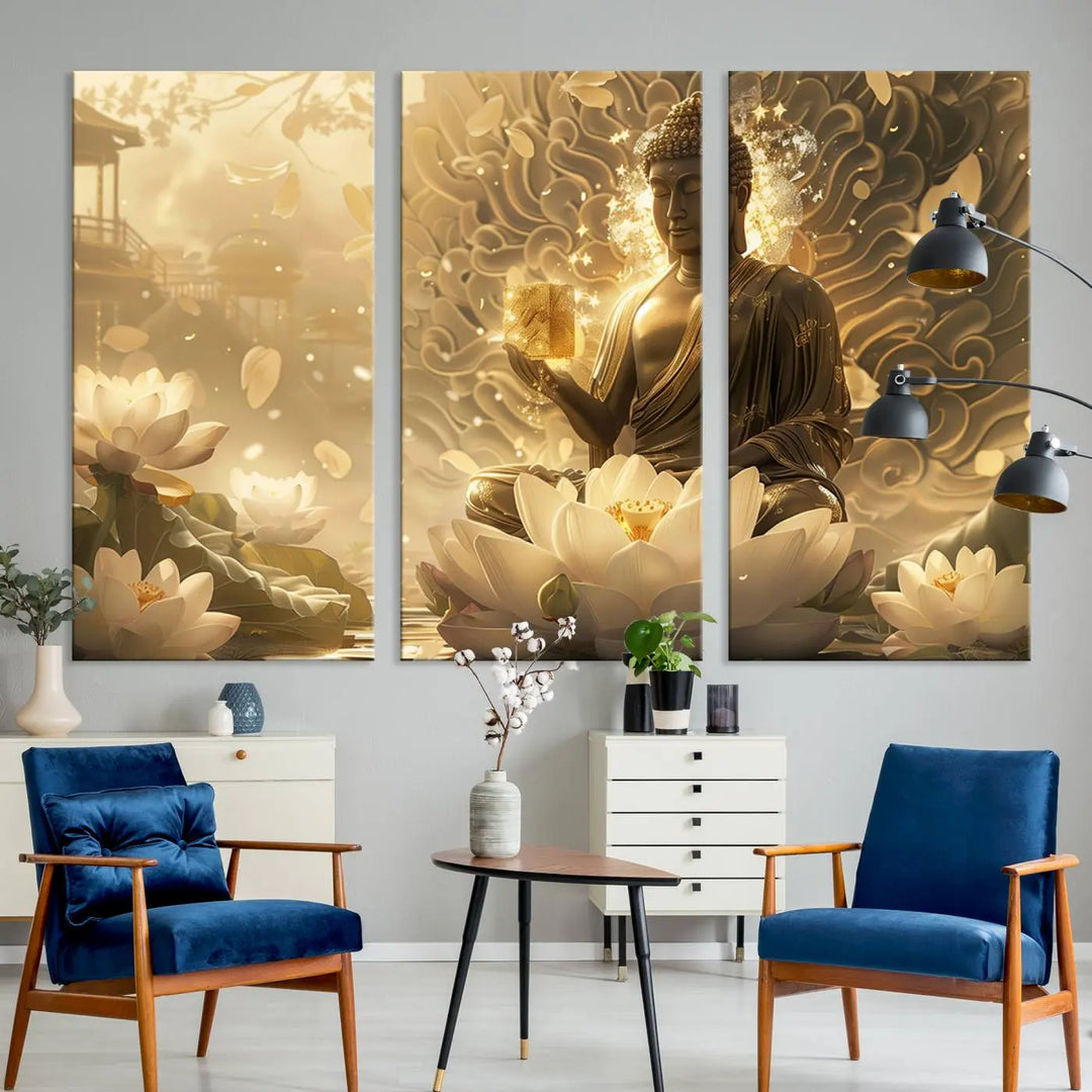 A framed Golden Buddha wall art, featuring the serene Yoga Room and Meditation Room Decor theme, exudes spiritual tranquility in a contemporary meditation room.