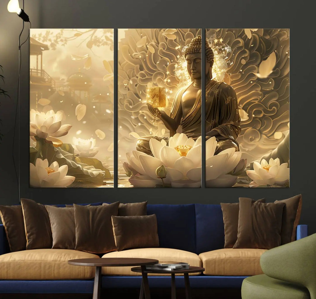 A framed Golden Buddha wall art, featuring the serene Yoga Room and Meditation Room Decor theme, exudes spiritual tranquility in a contemporary meditation room.