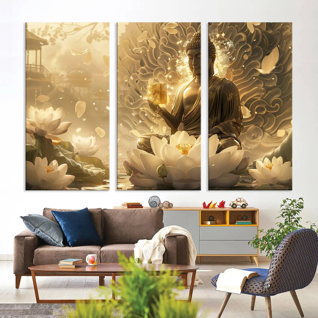 A framed Golden Buddha wall art, featuring the serene Yoga Room and Meditation Room Decor theme, exudes spiritual tranquility in a contemporary meditation room.