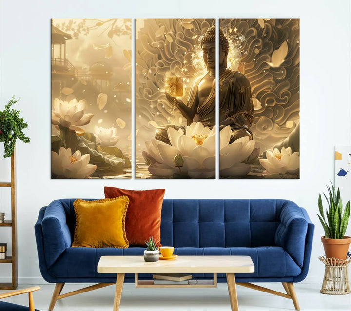 A framed Golden Buddha wall art, featuring the serene Yoga Room and Meditation Room Decor theme, exudes spiritual tranquility in a contemporary meditation room.