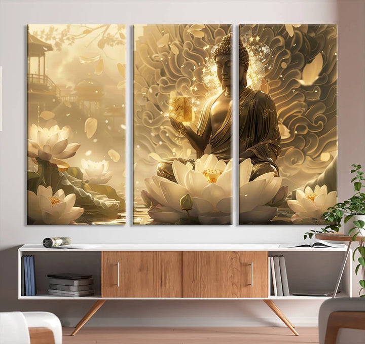 A framed Golden Buddha wall art, featuring the serene Yoga Room and Meditation Room Decor theme, exudes spiritual tranquility in a contemporary meditation room.