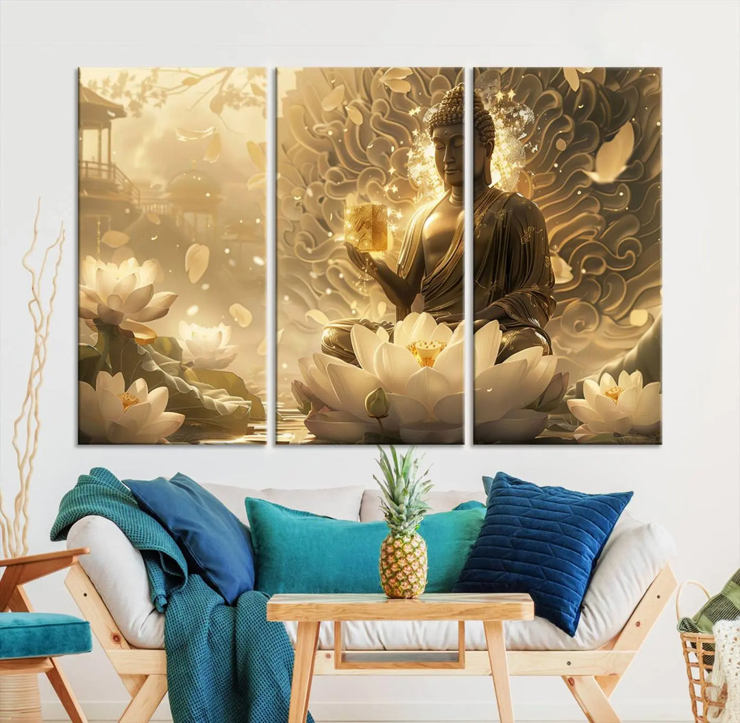 A framed Golden Buddha wall art, featuring the serene Yoga Room and Meditation Room Decor theme, exudes spiritual tranquility in a contemporary meditation room.