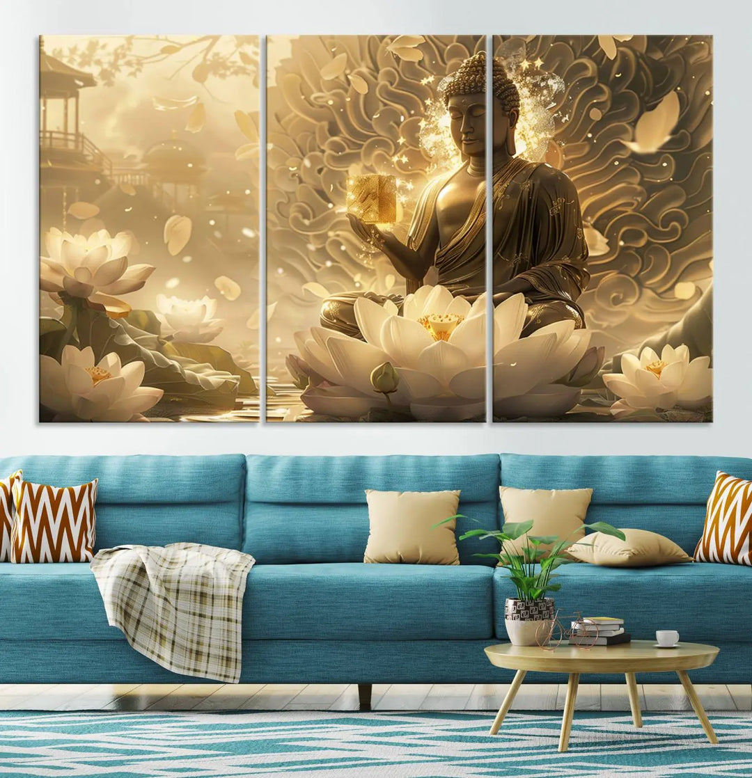 A framed Golden Buddha wall art, featuring the serene Yoga Room and Meditation Room Decor theme, exudes spiritual tranquility in a contemporary meditation room.