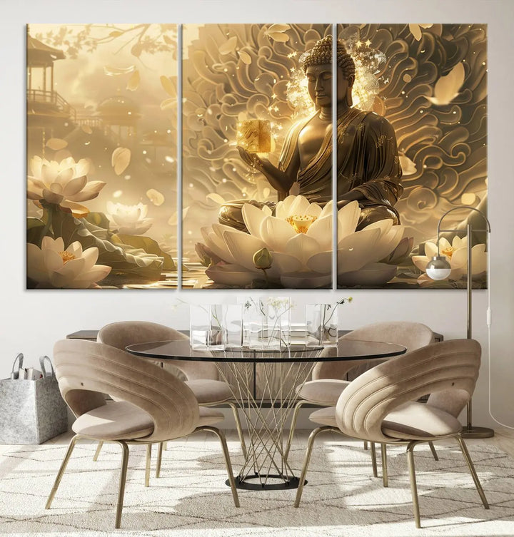 A framed Golden Buddha wall art, featuring the serene Yoga Room and Meditation Room Decor theme, exudes spiritual tranquility in a contemporary meditation room.