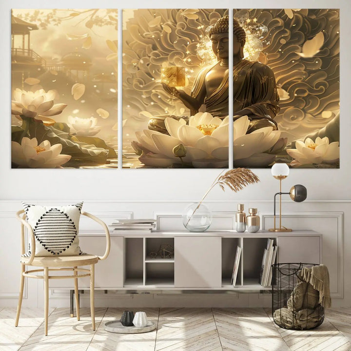 A framed Golden Buddha wall art, featuring the serene Yoga Room and Meditation Room Decor theme, exudes spiritual tranquility in a contemporary meditation room.