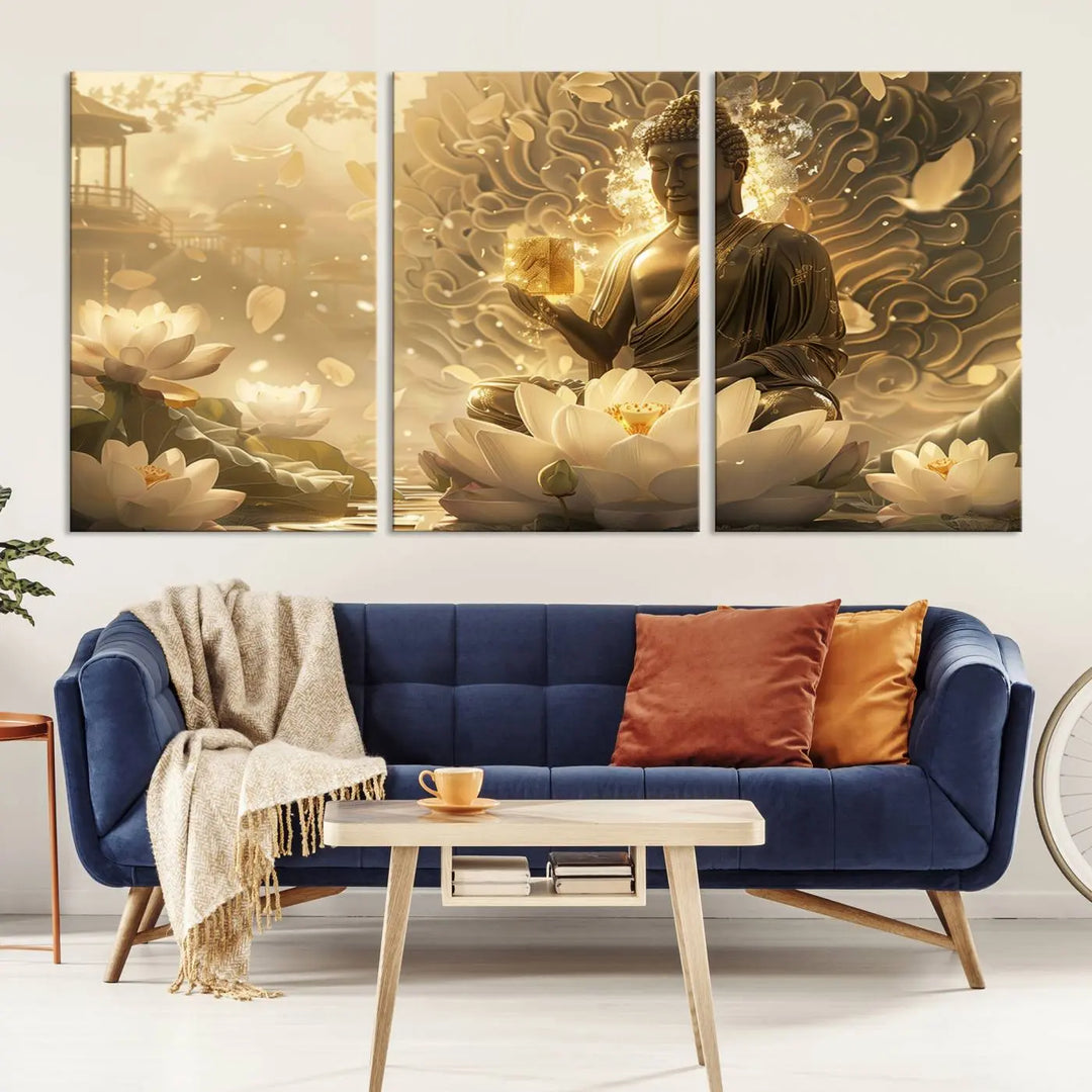 A framed Golden Buddha wall art, featuring the serene Yoga Room and Meditation Room Decor theme, exudes spiritual tranquility in a contemporary meditation room.