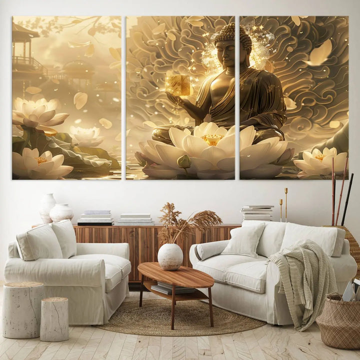 A framed Golden Buddha wall art, featuring the serene Yoga Room and Meditation Room Decor theme, exudes spiritual tranquility in a contemporary meditation room.