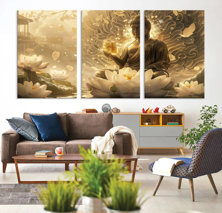 A framed Golden Buddha wall art, featuring the serene Yoga Room and Meditation Room Decor theme, exudes spiritual tranquility in a contemporary meditation room.