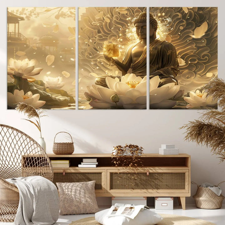 A framed Golden Buddha wall art, featuring the serene Yoga Room and Meditation Room Decor theme, exudes spiritual tranquility in a contemporary meditation room.