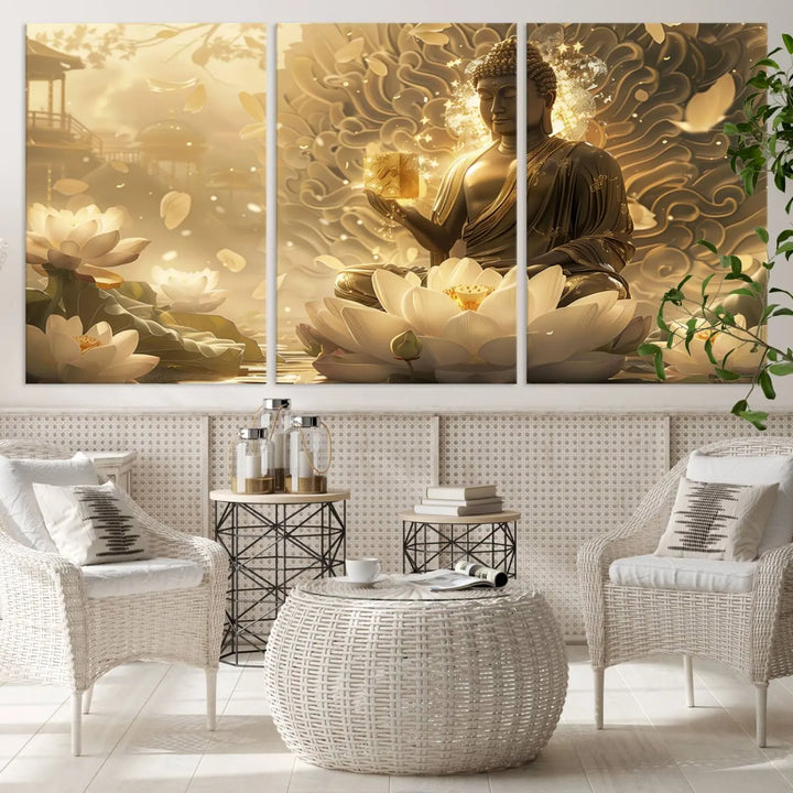 A framed Golden Buddha wall art, featuring the serene Yoga Room and Meditation Room Decor theme, exudes spiritual tranquility in a contemporary meditation room.