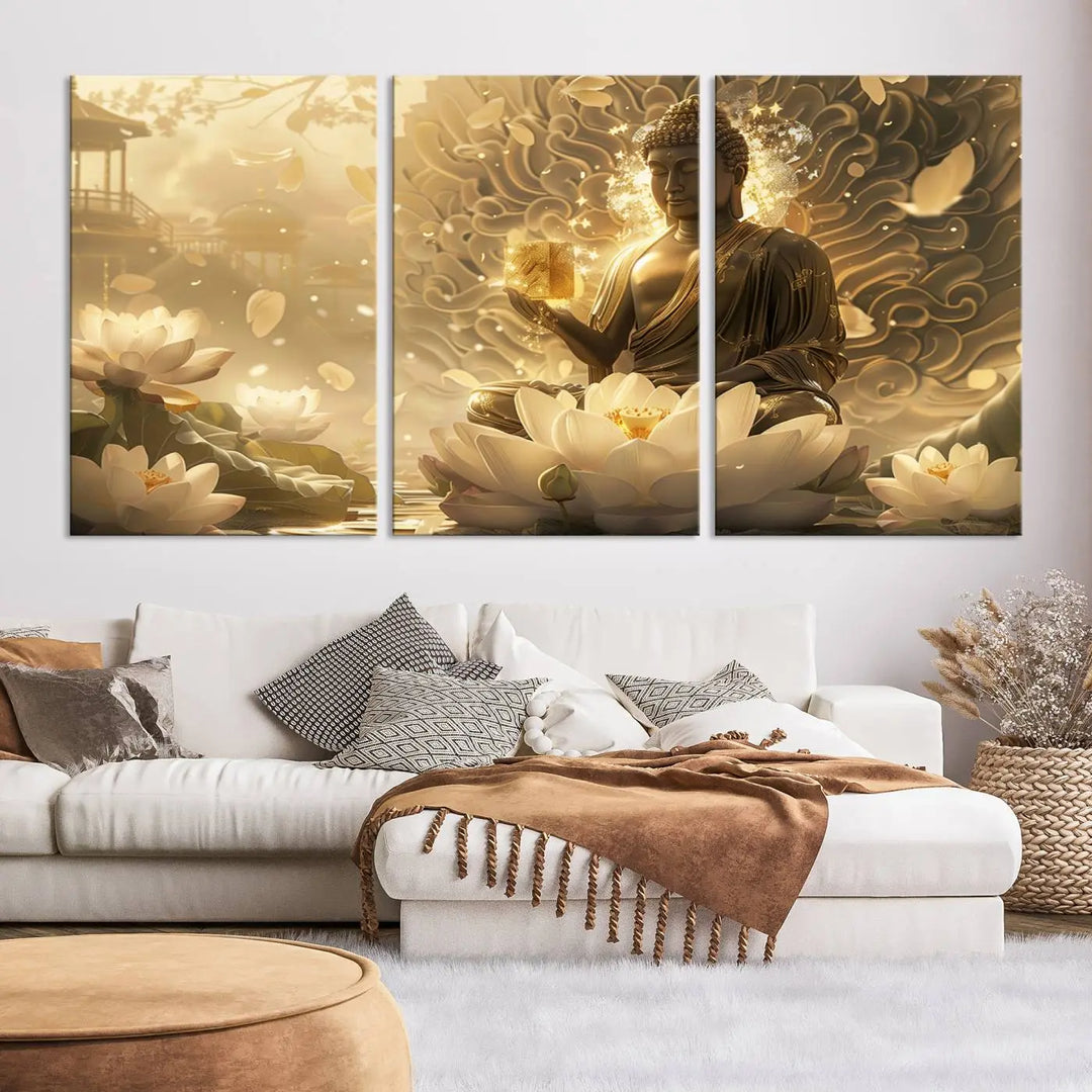 A framed Golden Buddha wall art, featuring the serene Yoga Room and Meditation Room Decor theme, exudes spiritual tranquility in a contemporary meditation room.