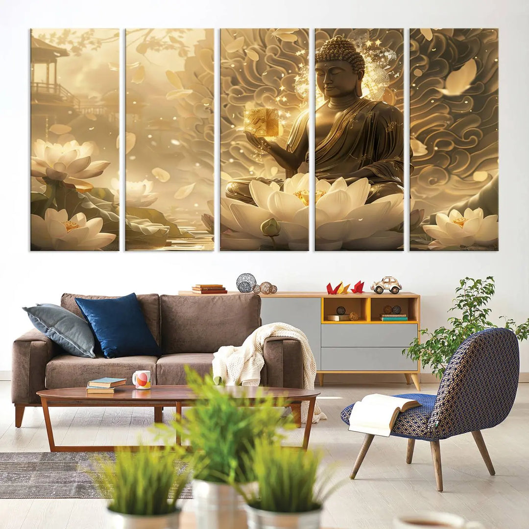 A framed Golden Buddha wall art, featuring the serene Yoga Room and Meditation Room Decor theme, exudes spiritual tranquility in a contemporary meditation room.