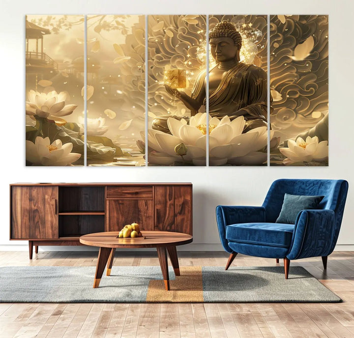 A framed Golden Buddha wall art, featuring the serene Yoga Room and Meditation Room Decor theme, exudes spiritual tranquility in a contemporary meditation room.