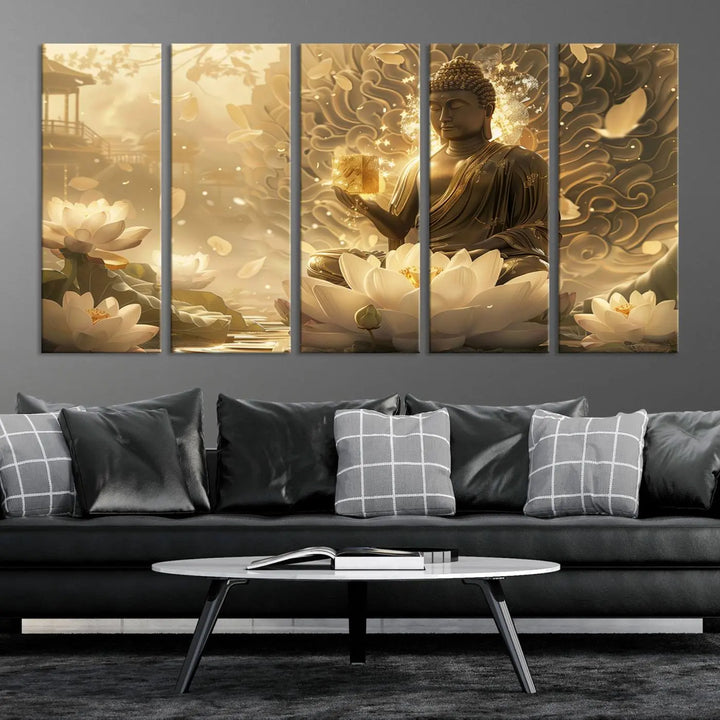 A framed Golden Buddha wall art, featuring the serene Yoga Room and Meditation Room Decor theme, exudes spiritual tranquility in a contemporary meditation room.